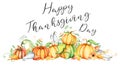 Watercolor pumpkin and autumn leaves card. Harvest composition. Happy Thanksgiving day. Hand drawn vector illustration Royalty Free Stock Photo