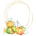 Watercolor pumpkin and autumn leaves wreath. Harvest composition. Happy Thanksgiving day. Hand drawn illustration Royalty Free Stock Photo