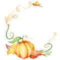 Watercolor pumpkin and autumn leaves wreath. Harvest composition. Happy Thanksgiving day. Hand drawn illustration Royalty Free Stock Photo