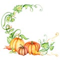 Watercolor pumpkin and autumn leaves wreath. Harvest composition. Happy Thanksgiving day. Hand drawn illustration Royalty Free Stock Photo