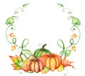 Watercolor pumpkin and autumn leaves wreath. Harvest composition. Happy Thanksgiving day. Hand drawn illustration Royalty Free Stock Photo