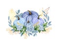 Watercolor Pumpkin Composition, Floral Pumpkins, Halloween Clip Art, Autumn Design Elements, Fall Arrangement Of Blue