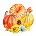 Watercolor pumpkin, sunflower and colorful leaves, autumn clipart. Watercolor floral illustration. Hand drawn pumpkins