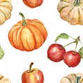 Watercolor autumn seamless pattern with hand painted yellow and orange pumpkins and red apples, isolated on white background. Royalty Free Stock Photo
