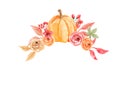 Watercolor Pumpkins Arch Flowers Hand Painted Fall Autumn Bouquet Royalty Free Stock Photo