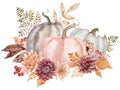 Watercolor pumpkins decorated with fall flowers, autumn leaves. Beautiful floral pumpkin arrangement.