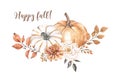 Watercolor pumpkins, flowers and leaf arrangement. Autumn floral bouquet Royalty Free Stock Photo