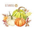 Watercolor pumpkins set, isolated. Hand painted yellow, orange and white pumpkins set on white background. Autumn card template