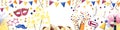 Watercolor Purim horizontal banner template with copy space for text, Jewish holiday symbols, confetti, fireworks, flags