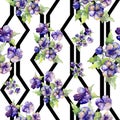 Watercolor purple bouquet of viola flower. Floral botanical flower. Seamless background pattern.