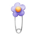 Watercolor purple flower safety pin clipart. Hand painted school element illustration isolated on white background. Royalty Free Stock Photo