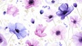 Watercolor purple flowers seamless pattern, woodland Flowers on white abstract background