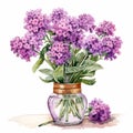 Watercolor Purple Flowers In Vase: Iconic Style, Realistic Rendering