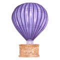 Watercolor purple hot air balloon. Hand painted sky illustration with aerostate isolated on white background. For design, prints,