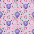 Watercolor purple hot air balloon with peony flowers seamless pattern. Hand painted illustration on blue background. For design, Royalty Free Stock Photo