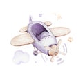 Watercolor purple illustration of a cute animal safary giraffe and fancy sky scene complete with airplanes and balloons