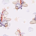 Watercolor purple illustration of a cute animal safary giraffe and fancy sky scene complete with airplanes and balloons