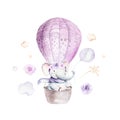 Watercolor purple illustration of a cute animal safary elephant and fancy sky scene complete with airplanes and balloons