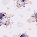 Watercolor purple illustration of a cute and fancy sky scene complete with airplanes and balloons, clouds. Baby Boy and