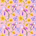 Watercolor purple iris and yellow daffodil pink seamless pattern