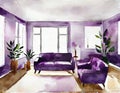 Watercolor of Purple living room with Scandinavian interior and