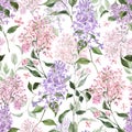 Watercolor purple and pink lilac flowers seamless pattern. Pretty flowers and greenery spring botanical print