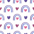 Watercolor purple rainbow on white background. Seamless pattern with hearts.