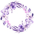 Watercolor purple rhododendron flowers and branches wreath Royalty Free Stock Photo