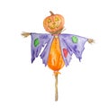 Watercolor purple scarecrow with pumpkin