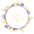 Watercolor purple spring flowers frame, hand painted on a white background