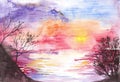 Watercolor purple sunset sunrise lake river seasunset Royalty Free Stock Photo