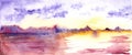 Watercolor purple sunset sunrise river lake landscape Royalty Free Stock Photo