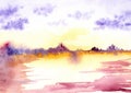 Watercolor purple sunset sunrise river lake landscape Royalty Free Stock Photo