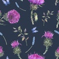 Watercolor purple thistle seamles pattern with blue butterflies, wild flowers, meadow herbs Royalty Free Stock Photo