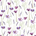 Watercolor purple wild flowers seamless pattern. Meadow flowers and floral poppy, chamomile for textile fabric, wrapping paper Royalty Free Stock Photo