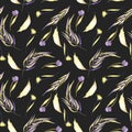 Watercolor purple and yellow simple flowers, leaves and branches seamless pattern