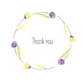 Watercolor purple and yellow simple flowers wreath, greeting card template, hand painted on a white background Royalty Free Stock Photo
