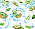 Watercolor qiwi slices and leaves among water splashes Royalty Free Stock Photo