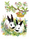 Watercolor rabbits in green grass vector illustration