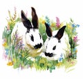 Watercolor rabbits in green grass vector illustration Royalty Free Stock Photo