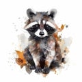 Watercolor raccoon sits on a white background. AI generative
