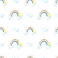 Watercolor rain,rainbow,clouds, sun on white background.Color realistic spectrum.Cute Watercolour illustration Royalty Free Stock Photo