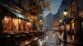 Watercolor of a rain-wet Paris street with a cafe with tables on the sidewalk at dusk