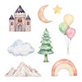 Watercolor rainbow, balloons, castle, moon and other cute elements,set Royalty Free Stock Photo