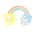 Watercolor rainbow,cloud with rain of hearts, sun on white background.Color realistic spectrum.Cute Watercolour Royalty Free Stock Photo