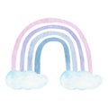 Watercolor rainbow and clouds in neutral pastel color on white background