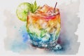 Watercolor rainbow cocktail with a slice of lime on a background of watercolor stains and leaves.