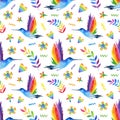 Watercolor rainbow, floral and hummingbird seamless pattern isolated on white background. Hand painting gay pride