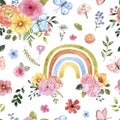 Watercolor rainbow seamless pattern. Hand painted cute colorful rainbows and spring flowers on white background. Botanical print Royalty Free Stock Photo