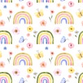 Watercolor rainbow seamless pattern. Hand painted pastel rainbows, butterfly and pretty flowers on white background Royalty Free Stock Photo